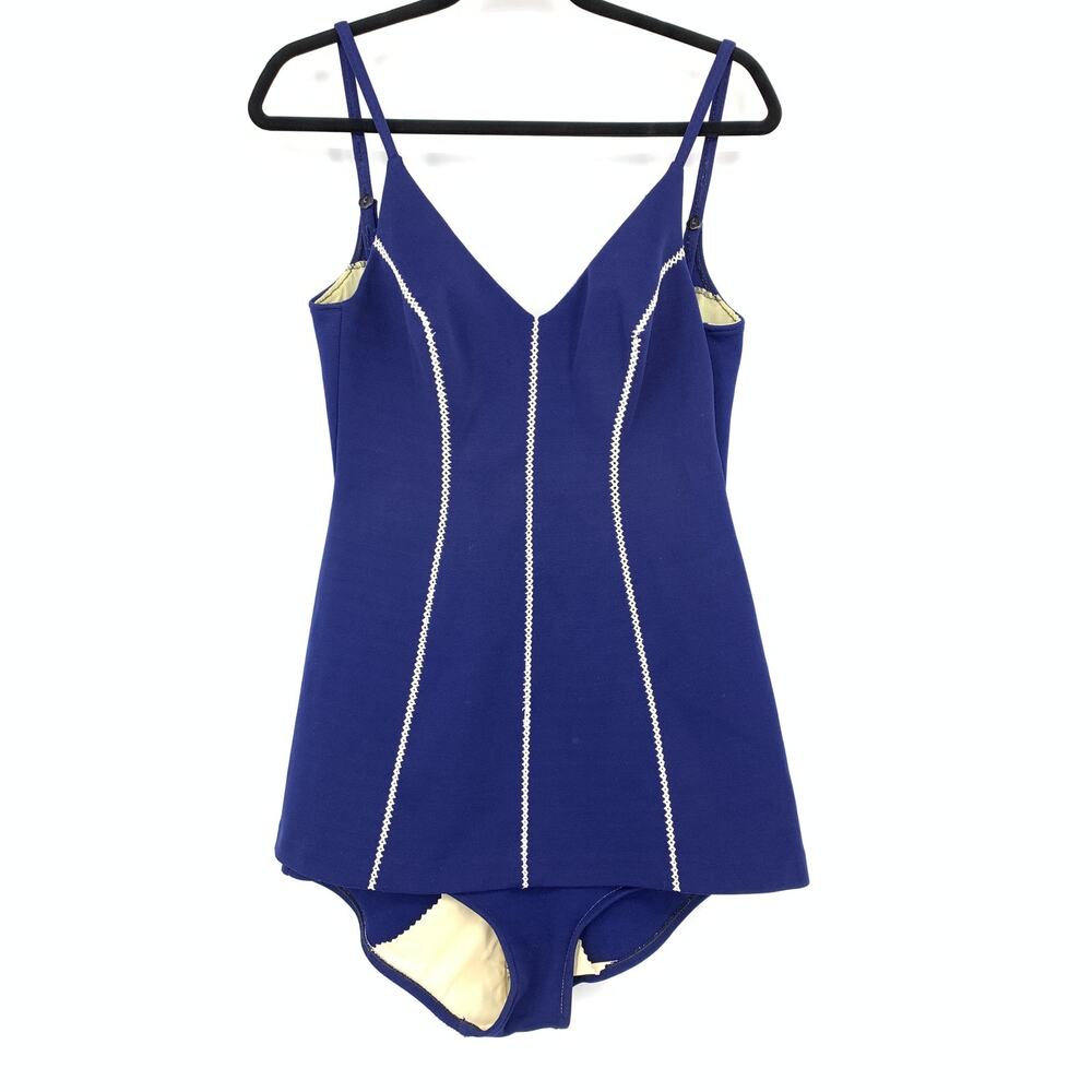 Cole of California Swimsuit Womens 16 Blue Skirted Overlay Deep V Textured Knit